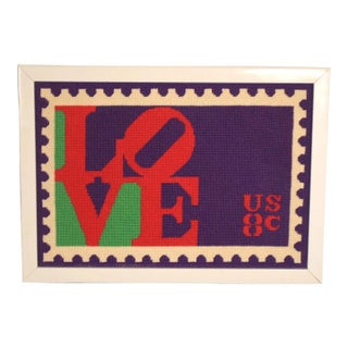 Vintage Love Stamp by Robert Indiana Needlepoint Framed Wall Hanging Pop Art Retro 60's 70's For Sale