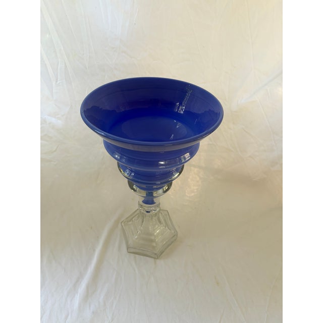 Fun Memphis style glass vase or center bowl in bright blue. This a great piece could be use as fruit bowl or just fun...