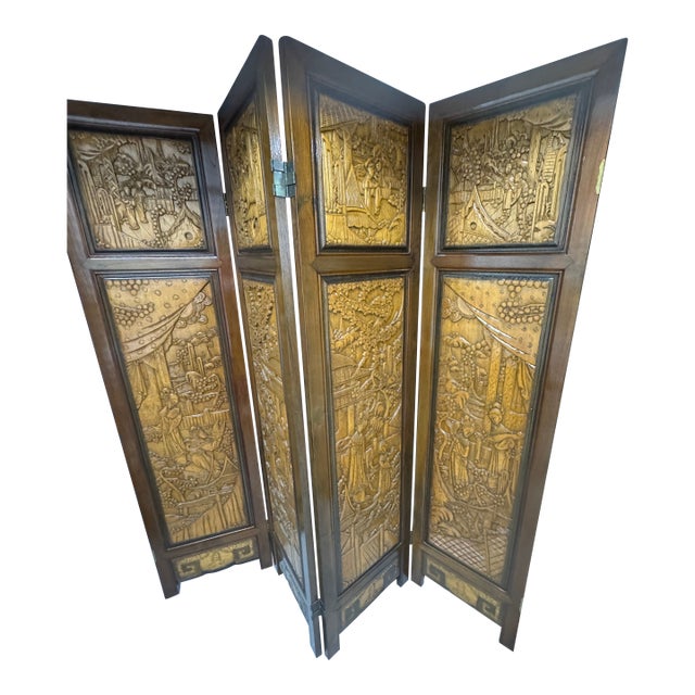 Vintage Chinese Hand-Carved Teak 4-Panel Room Divider / Folding Screen Set of 2 For Sale