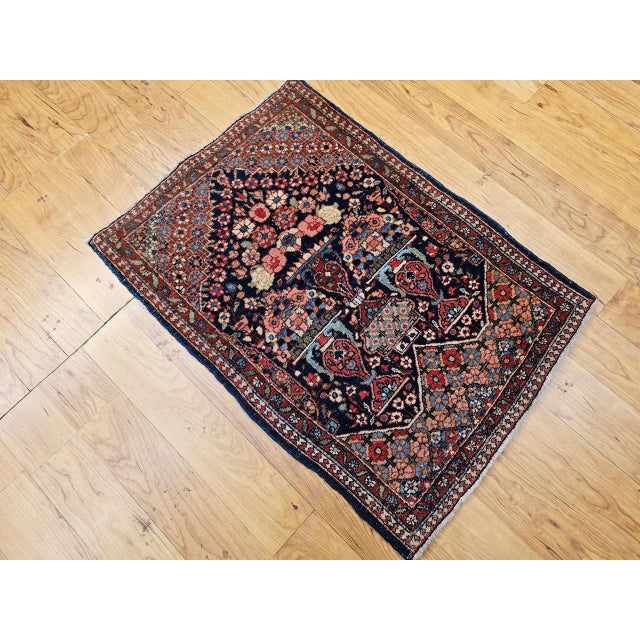 Navy Blue Vintage Persian Isfahan Rug, Hand-Knotted Wool, Pictorial Vase Pattern, Navy & Red, 2x3 For Sale - Image 8 of 11