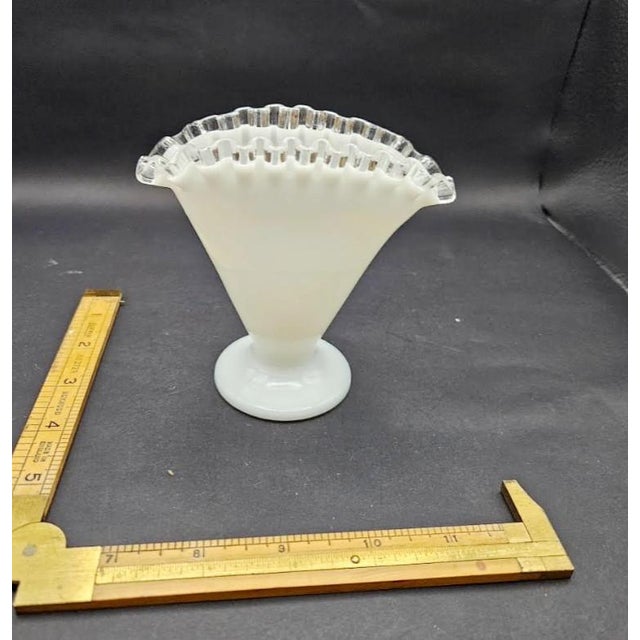 Glass Vintage Fenton Clear Crest Ruffled Edge Milk Glass Fan Shaped Vase For Sale - Image 7 of 7