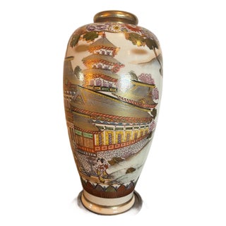 Antique Japanese Satsuma Vase Meiji Koshida Signed Shimazu Crest Pagoda 10" For Sale