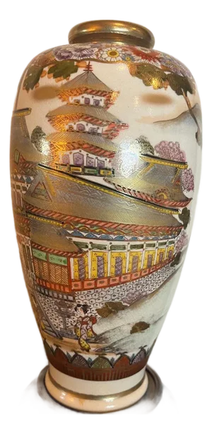 Antique Japanese Satsuma Vase Meiji Koshida Signed Shimazu Crest Pagoda 10"