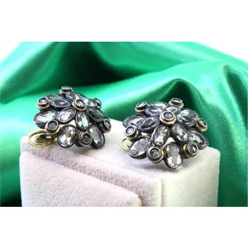 Round Gold and Silver Earrings with Zirconias and Diamond Chips, Set of 2 For Sale - Image 6 of 11