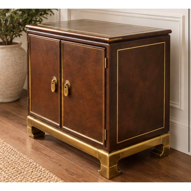 Mid-Century Modern 1970s Baker Hollywood Regency Asian Modern Faux Leather & Brass Cabinet For Sale - Image 3 of 3