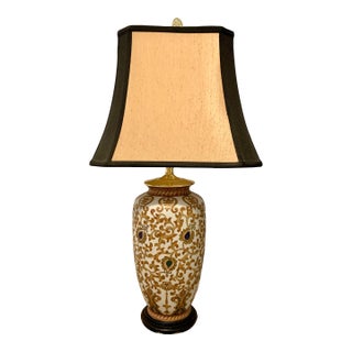 Gold Lotus Leaf Table Lamp With Flared Linen Shade For Sale