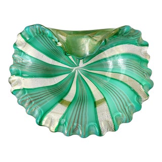 Vintage Murano Green Aventurine Ribbons Gold Flecks Italian Art Glass Mid Century Scalloped Rim Bowl For Sale