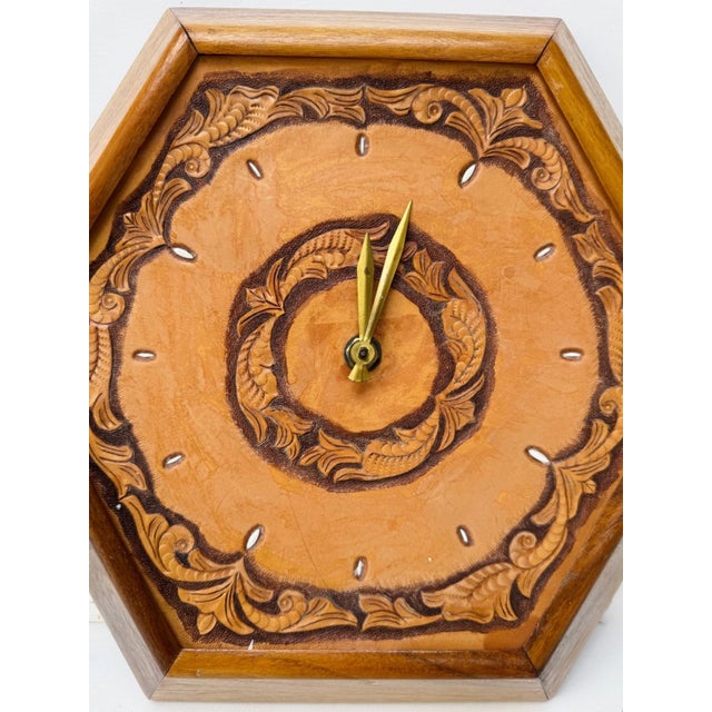 1960's Hexagon Wood & Tooled Leather Wall Clocks – Working Pair For Sale - Image 6 of 16