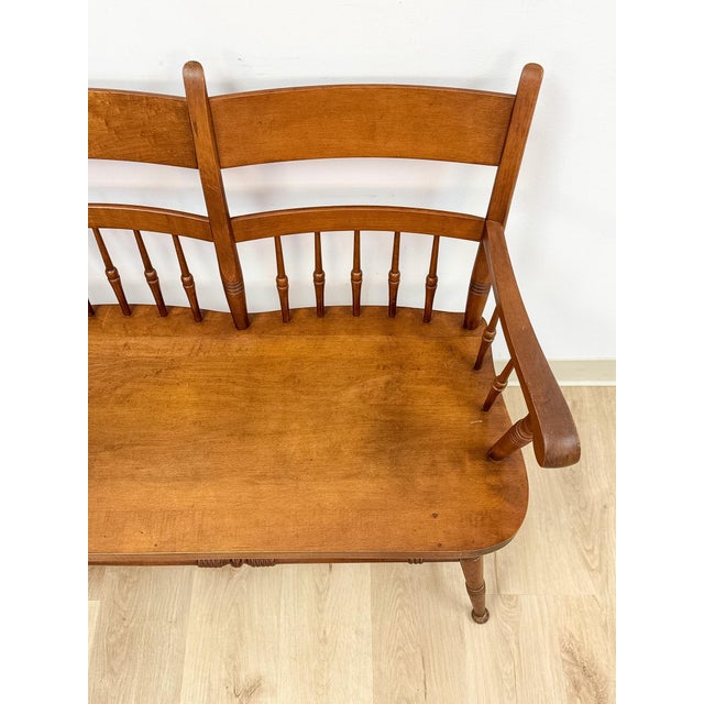 Farmhouse Vintage Maple Spindle Two-Seat Bench Double Crest Turned Legs Farmhouse For Sale - Image 3 of 18