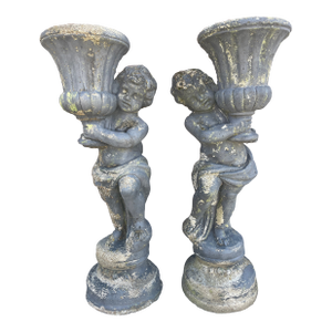 1940s Pair of Grand 39" Tall Neoclassical Cast Stone Putti Figure Planters With Mossy Patina