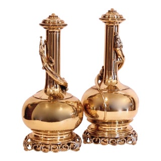 Chinese Polished Brass Gourd Shaped Bottle Vases With Lizards - A Pair For Sale