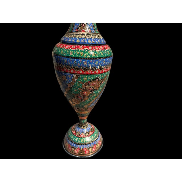 A vintage Turkish copper floor vase with a tall baluster form, flared rim, and hand-painted decoration throughout. Blue,...