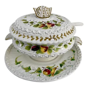 Large Italian Hand-Painted Porcelain Soup Tureen W/ Lade and Under Platter - Set of 3