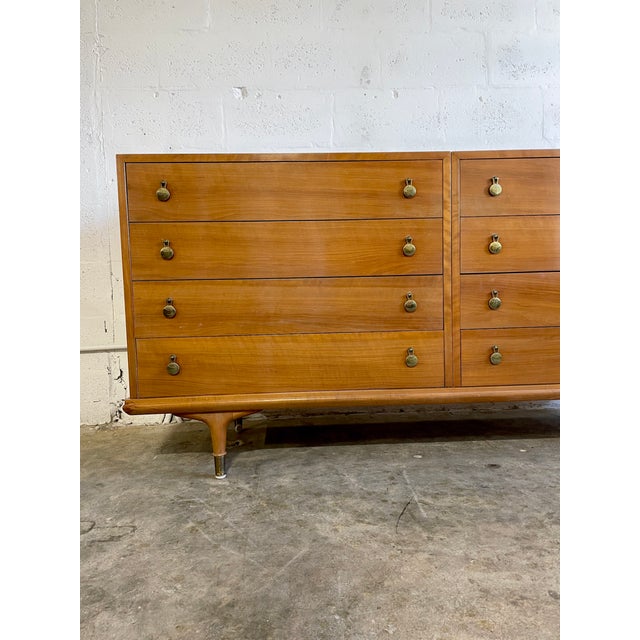 Mid Century Modern Dresser by Johnson Furniture. Stunning original brass handles. 66w 19d 33h