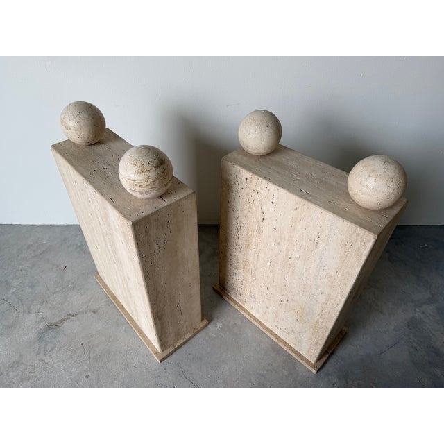 Contemporary On Hold // 1980’s Postmodern Italian Geometric Travertine Dining Table Base - A Pair For Sale - Image 3 of 16
