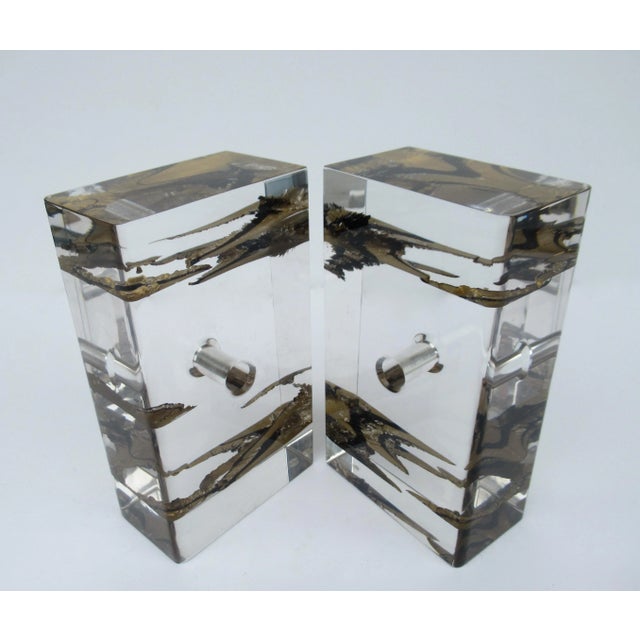 Mid-Century Modern C.1970's Mid-Century Modern Lucite Bookends With Gilt Gold Leaf Inclusion -A Pair For Sale - Image 3 of 13