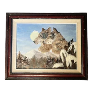 1980s Pair of Wolves Feather Picture