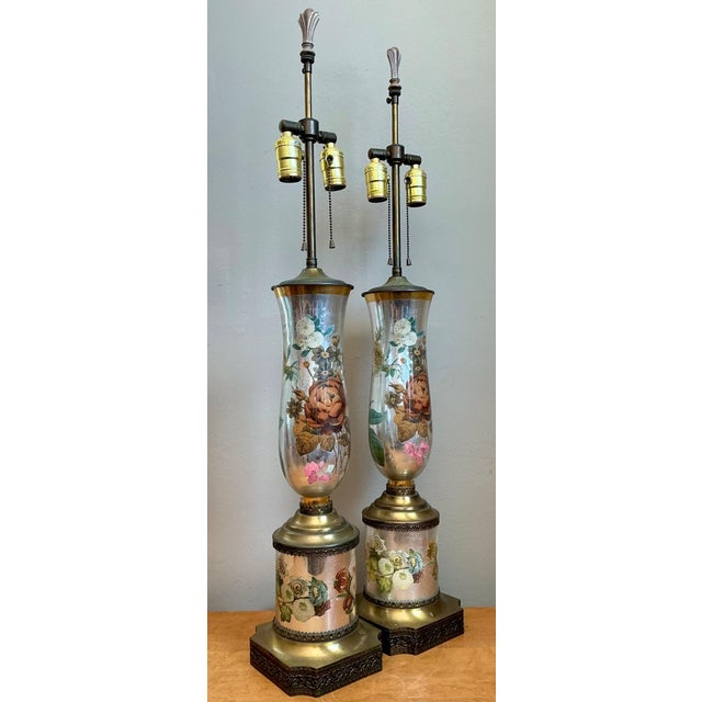 Vintage Italian Eglomise Rose Lamps - A Pair For Sale - Image 10 of 12