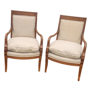 Pair of Vintage French Empire Style Dolphin Carved Walnut Armchairs With Down Cushions For Sale