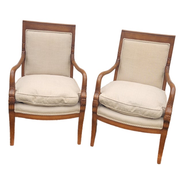 Pair of Vintage French Empire Style Dolphin Carved Walnut Armchairs With Down Cushions For Sale