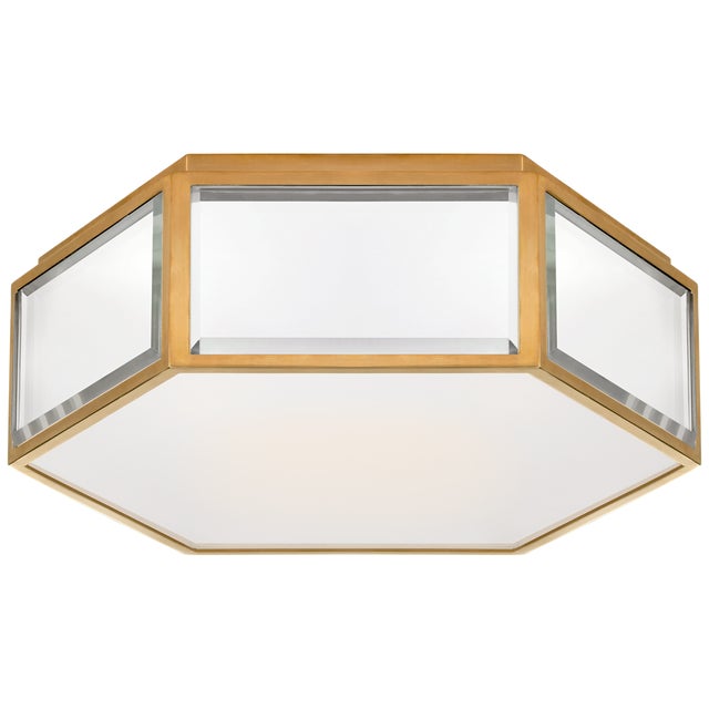 Kate Spade New York for Visual Comfort Signature Bradford Small Hexagonal Flush Mount in Mirror & Soft Brass with Frosted Glass For Sale