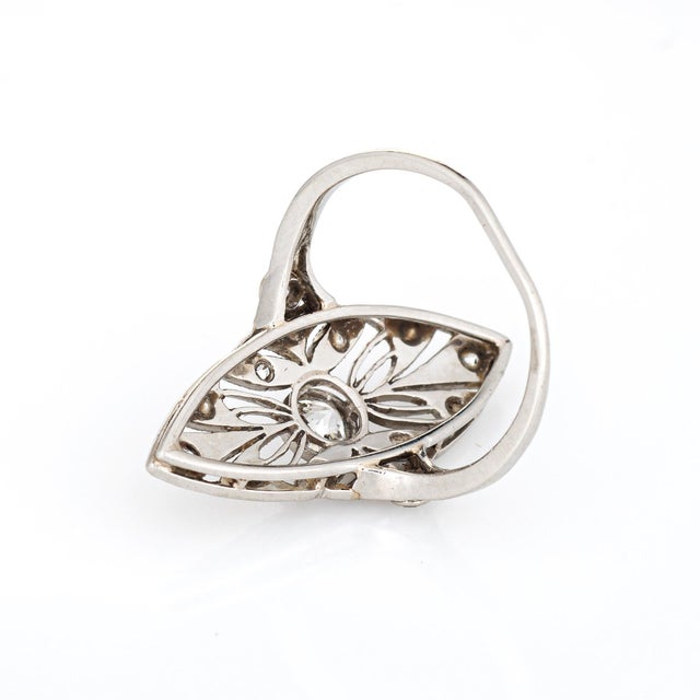 Antique Edwardian Diamond Ring Sz 5 Platinum Navette Cocktail Fine Heirloom For Sale In Los Angeles - Image 6 of 6