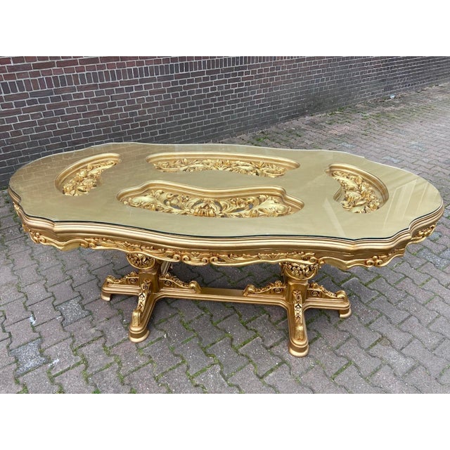 Baroque 1970 Italian Artisan Baroque Gold Beech Dining Table For Sale - Image 3 of 10