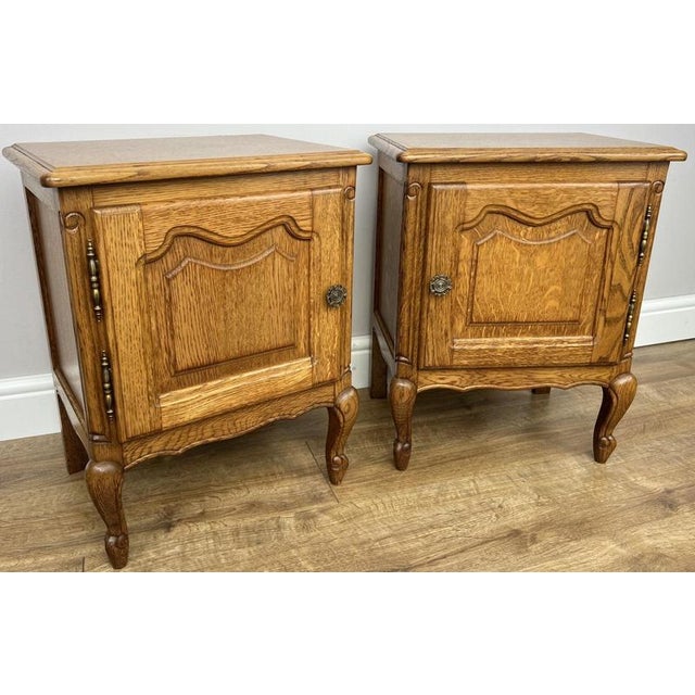 French Louis Oak Bedside Tables with Marble Tops, Set of 2 For Sale - Image 3 of 11