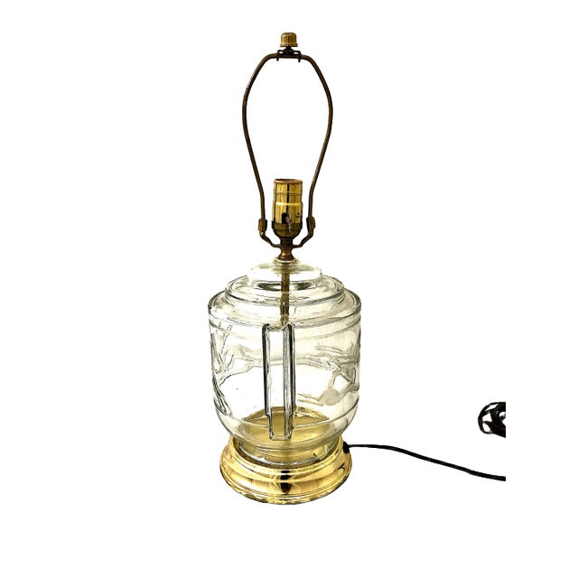 Pair of Art Deco-Inspired Clear Glass and Brass Lamps With Shades For Sale In San Francisco - Image 6 of 12