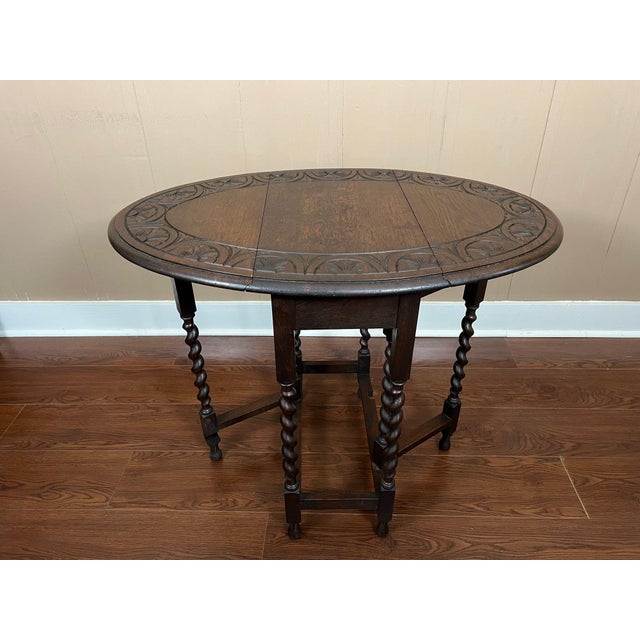 Petite Antique English Side Sofa Table Barley Twist Drop Leaf Gateleg Carved Oak For Sale - Image 14 of 18