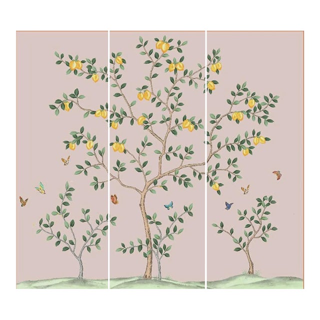 36"* H100"/Panel, Chinoiserie Light Pink Lemon Garden & Butterflies Wallpaper Panels, Scenic Wallpaper Panels For Sale