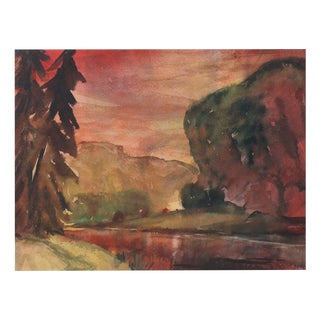 Dzidra Ezergaile, Scarlet Sunset, Bilateral, Watercolor, 1960s For Sale