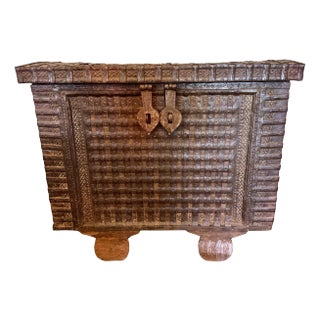 Rustic 19th Century Damchiya Dowery Trunk With Wooden Wheels. Impressive Size! For Sale