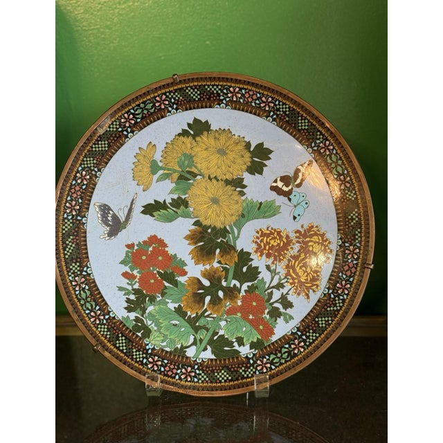 Japanese Cloisonne Enamel Plate With Chrysanthemums Butterflies Lavender Ground For Sale - Image 13 of 17