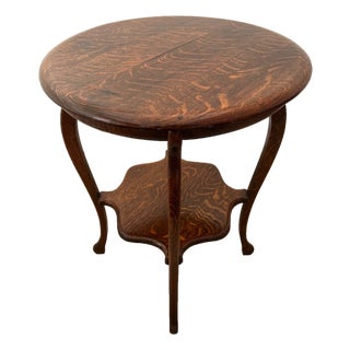 Antique Round Table With Square Bottom Plant Book Shelf, Quarter Sawed Tiger Oak For Sale
