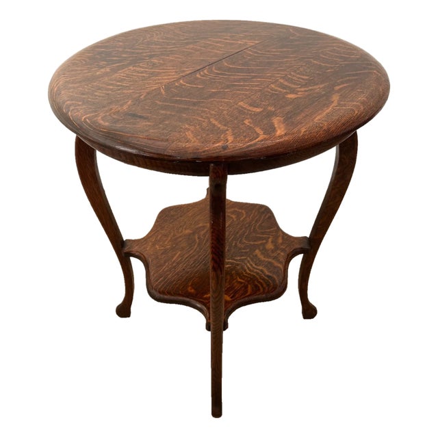 Antique Round Table With Square Bottom Plant Book Shelf, Quarter Sawed Tiger Oak For Sale