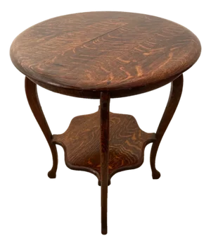 Antique Round Table With Square Bottom Plant Book Shelf, Quarter Sawed Tiger Oak