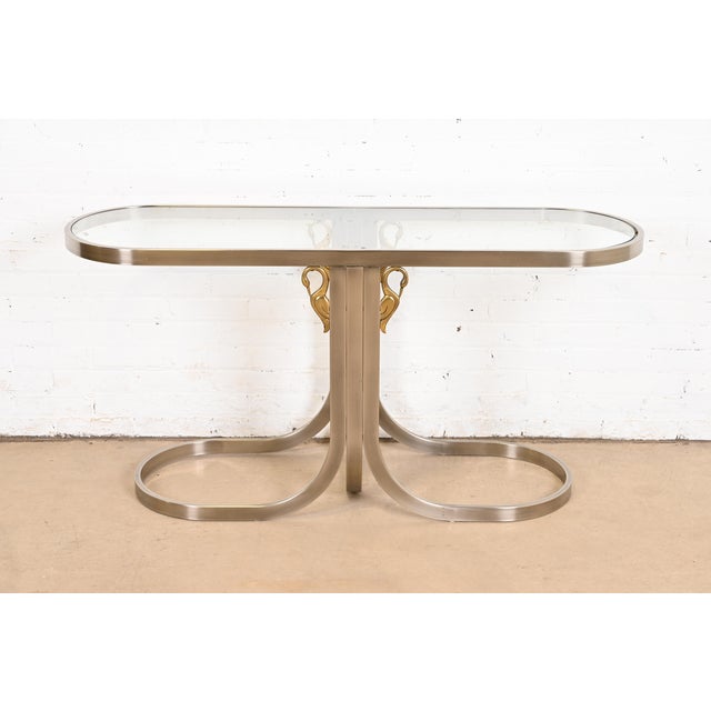 Design Institute America Modern Brushed Steel and Brass Glass Top Swan Console Table For Sale - Image 12 of 12