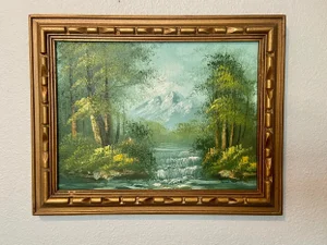 Original Vintage Oil Painting Mountainscape Stream Through the Woods