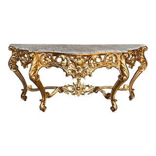 Spanish 19th Baroque Carved & Gilted Walnut Ormolu and Marble Console Table For Sale