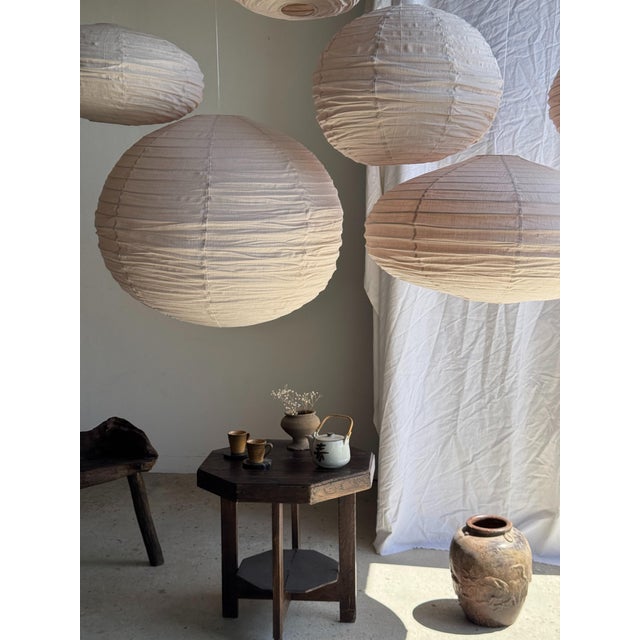Japanese-Style Round Pink Rattan and Natural Linen Pendant Light For Sale - Image 17 of 18