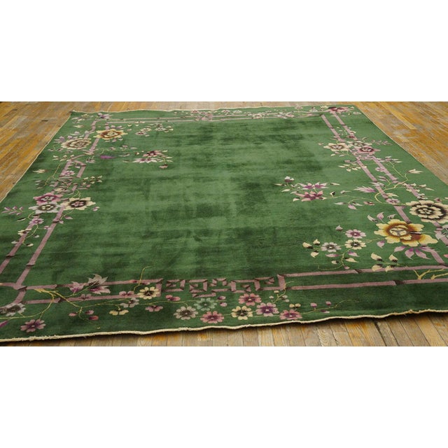 1920s Chinese Art Deco Carpet ( 9' x 11' 6" - 275 x 350 cm ) Antique 1920s Wool Green Rectangle Hand Knotted Pile Rug,...