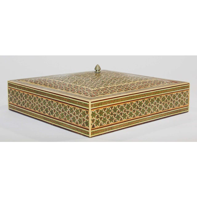 Moorish style micro mosaic marquetry inlaid jewelry box with lid. Intricate inlaid Anglo Indian box with floral and...