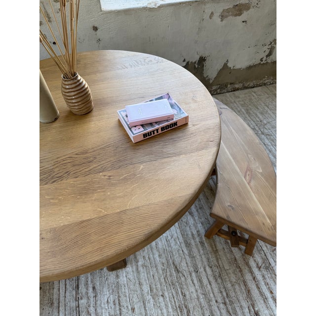 Vintage Round Oak Table and Benches, 1950s, Set of 3 For Sale - Image 16 of 18