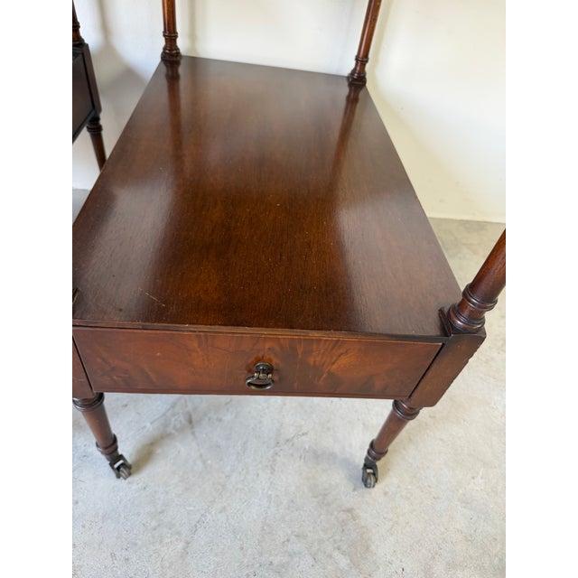 1960’s Vintage Weiman Heirloom Quality Mahogany & Tooled Leather Top Tiered End Tables on Casters – A Pair For Sale - Image 9 of 12