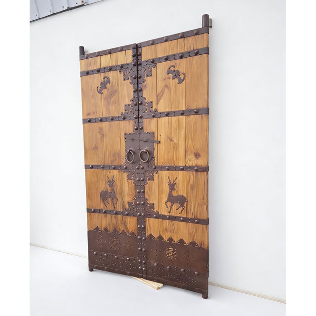 Chinese Antique Chinese Wood Door Panels With Iron Deer & Bat Motifs For Sale - Image 3 of 4