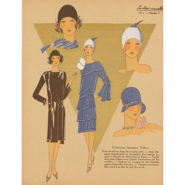 Original French Art Deco fashion plate from Les Idées Nouvelles de la Mode, featuring creations by Suzanne Talbot. Elegant...