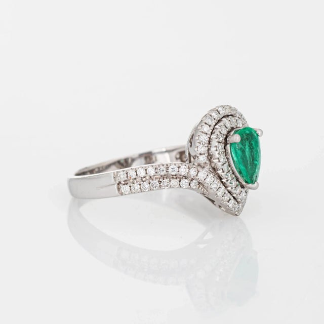 Contemporary Emerald Diamond Ring Estate 14k White Gold Pear Halo Sz 7 Fine Jewellery For Sale - Image 3 of 7
