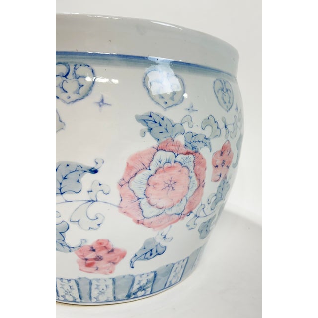 White Vintage Large Porcelain Pastel Floral Motif Fish Bowl Cachepot Planter For Sale - Image 8 of 8