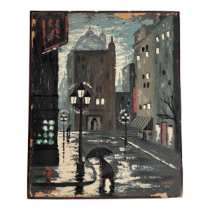 Julian Rainy City Street Original Oil Painting Signed